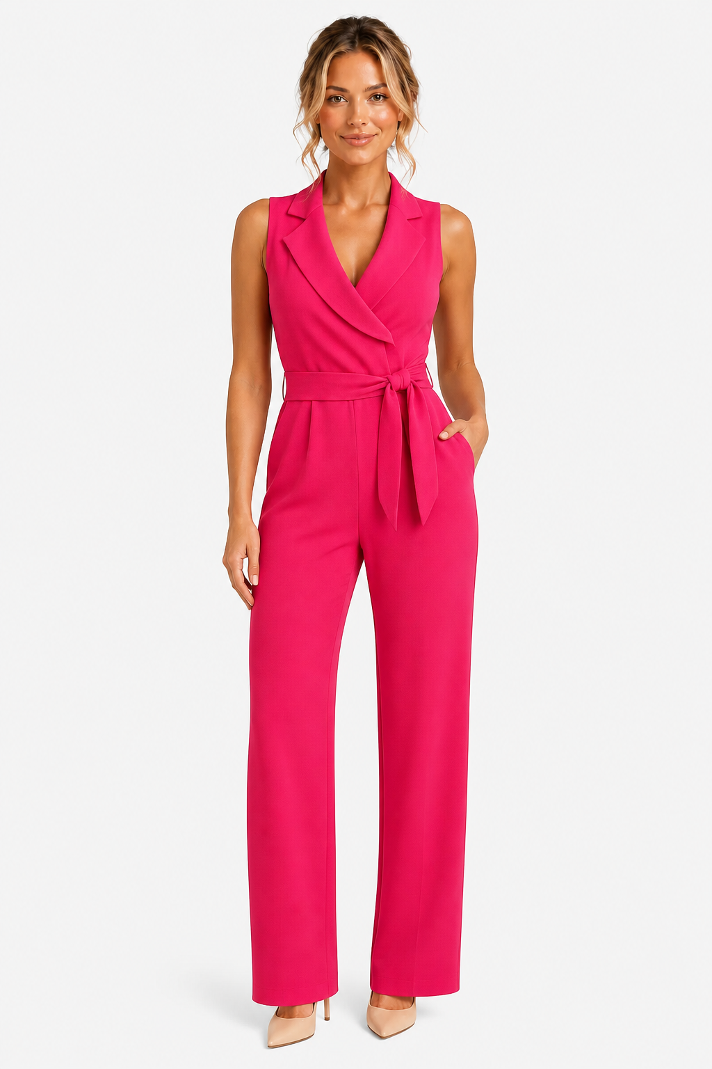 Elegant Wrap Jumpsuit Tailored Wide Leg Formal Outfit - Hot Pink - front