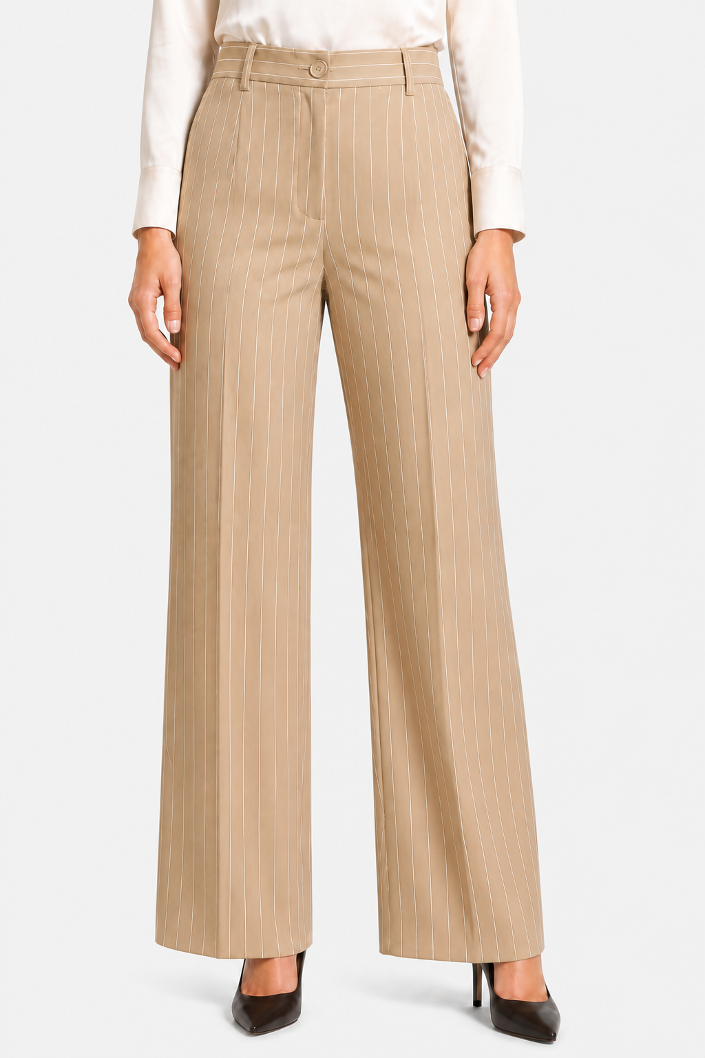 Belloire – Refined pinstripe elegance – Wide-leg trousers - Khaki - front