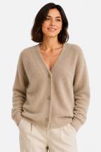 Women's Fluffy V-Neck Cardigan with Button Front - Khaki - front