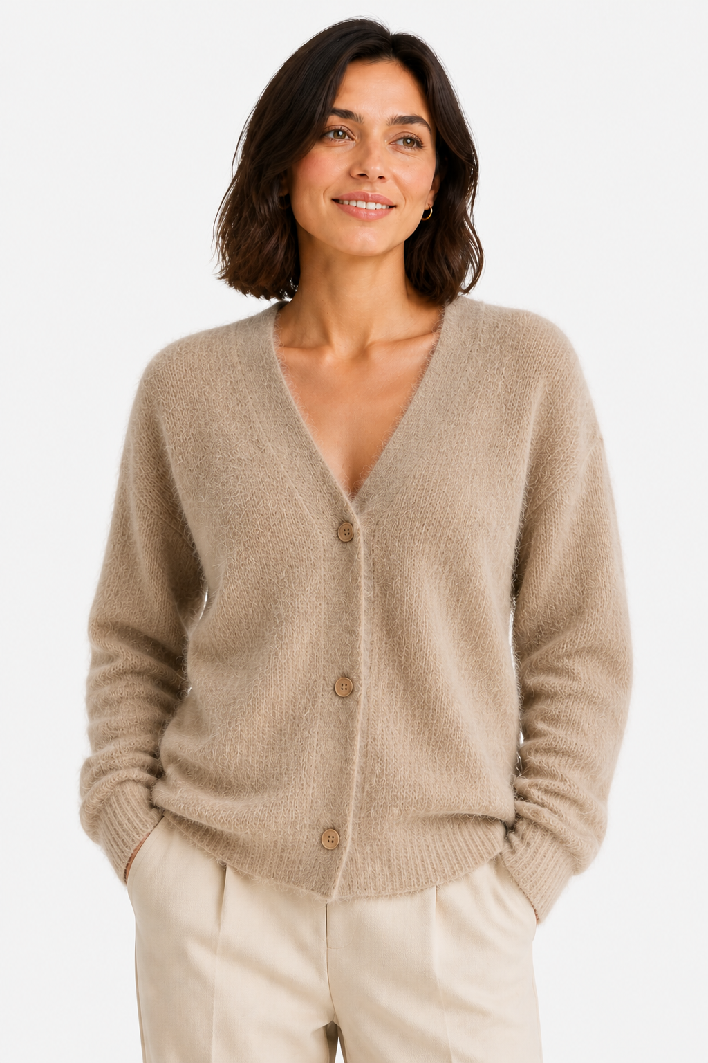 Women's Fluffy V-Neck Cardigan with Button Front - Khaki - front