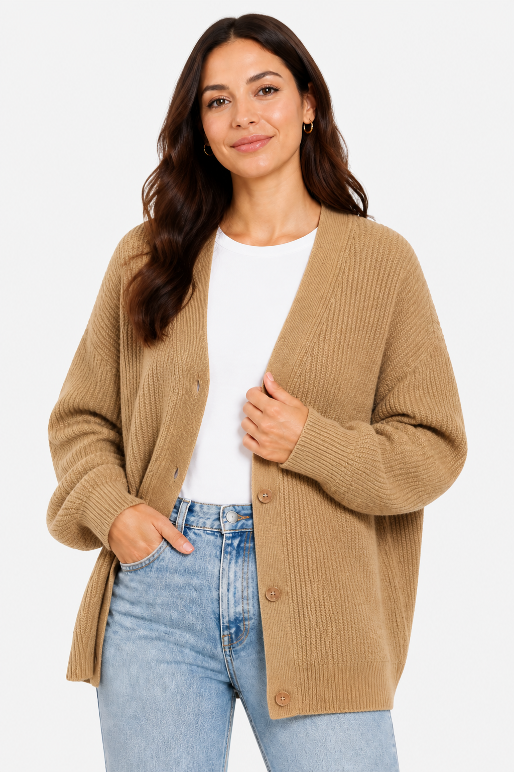Oversized Ribbed Knit Cardigan for Women - Khaki - front