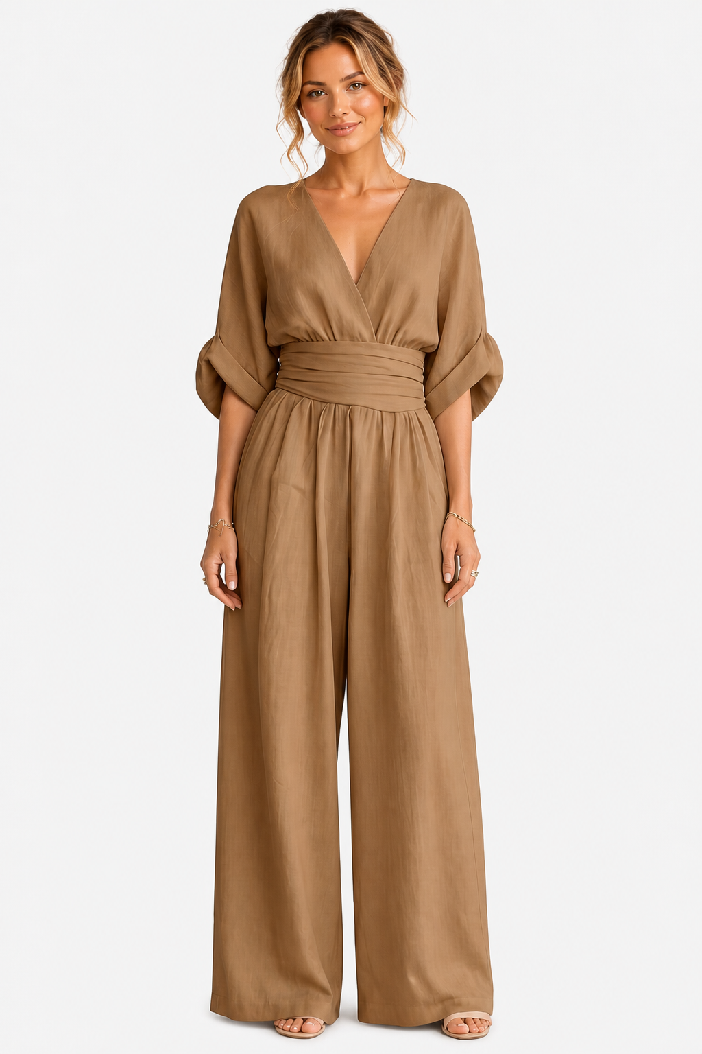 Valoria – Draped waist elegance – Wide-leg jumpsuit - Khaki - front