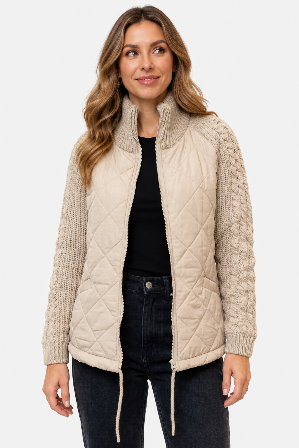 Norcetta – Textured knit detail – Quilted puffer jacket - Khaki - front
