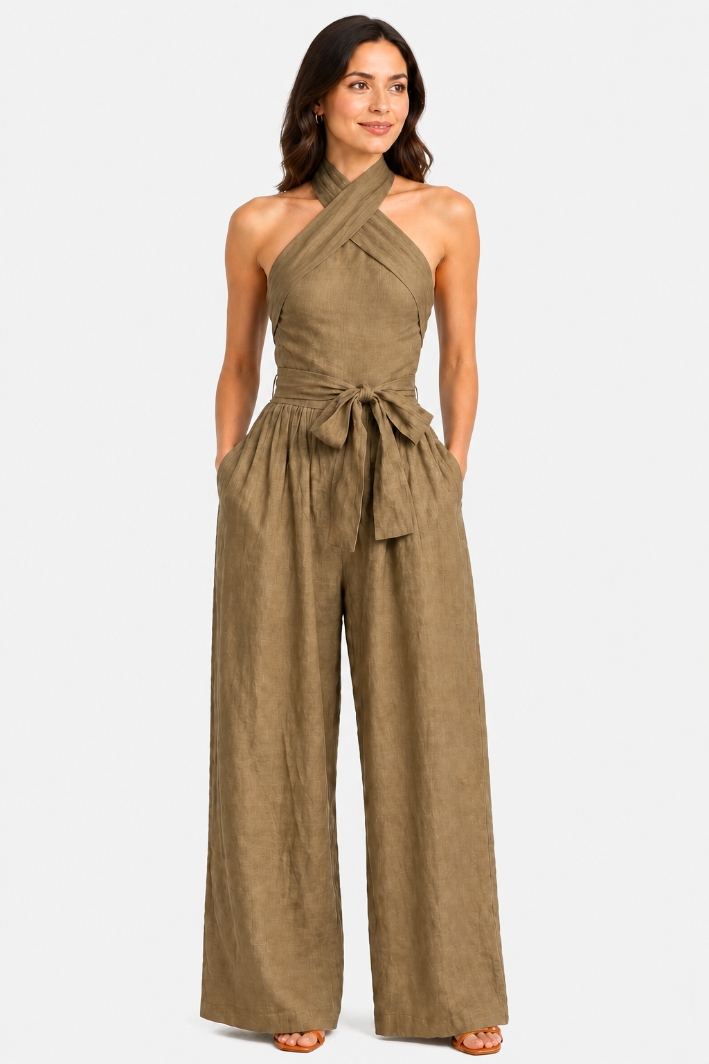 Aveline – Cross-halter sophistication – Wide-leg jumpsuit - Khaki - front