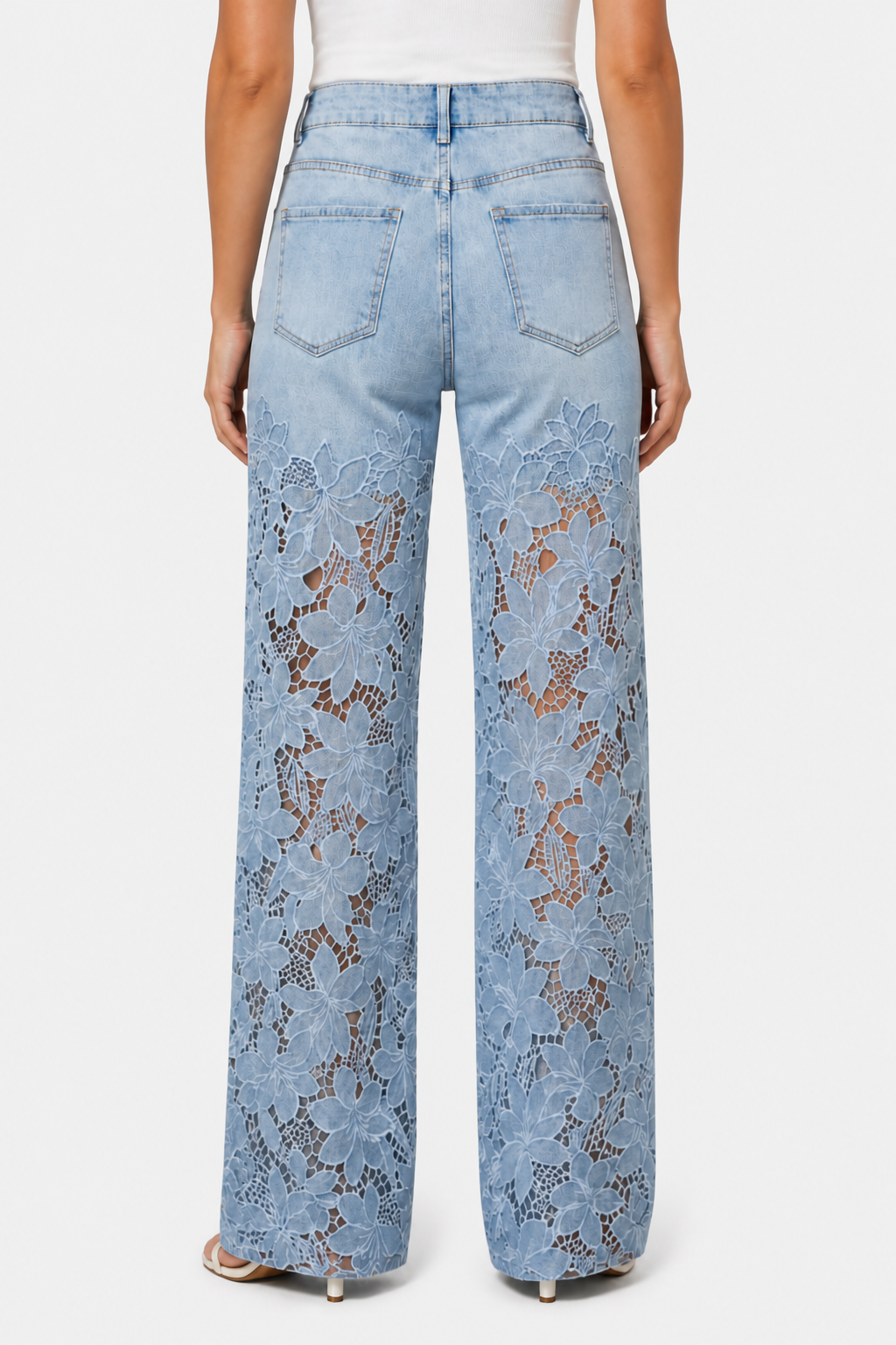 Solérine – Floral lace overlay – Wide-leg denim jeans - Light blue - back