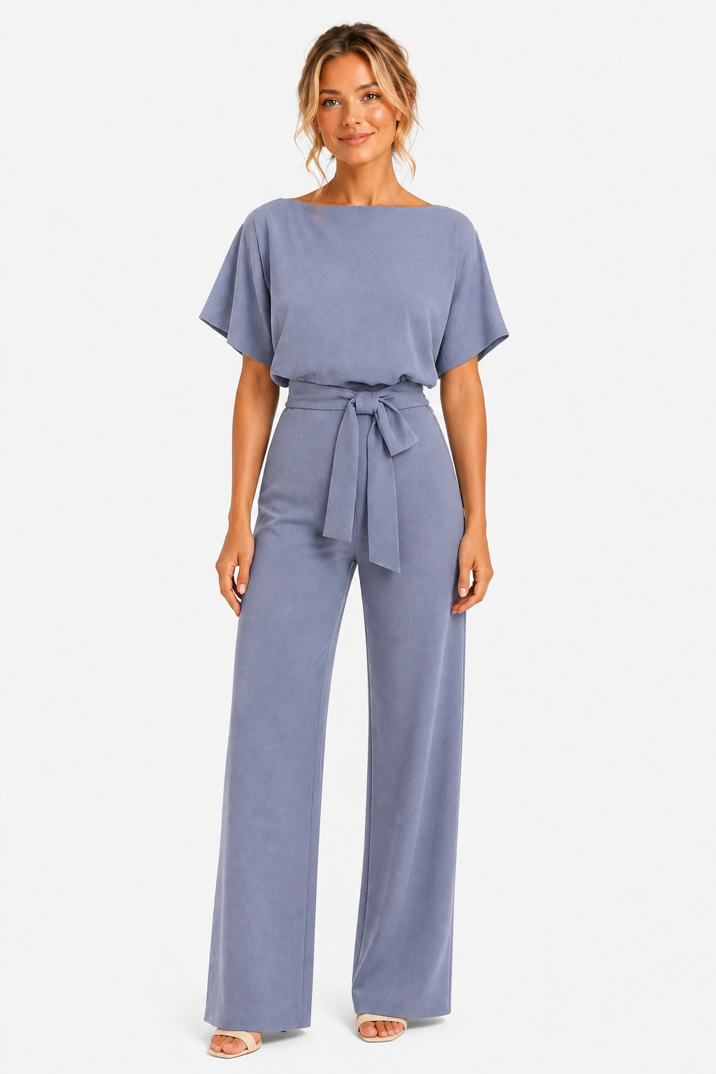 Wide Leg Jumpsuit With Waist Tie - Light Blue - front