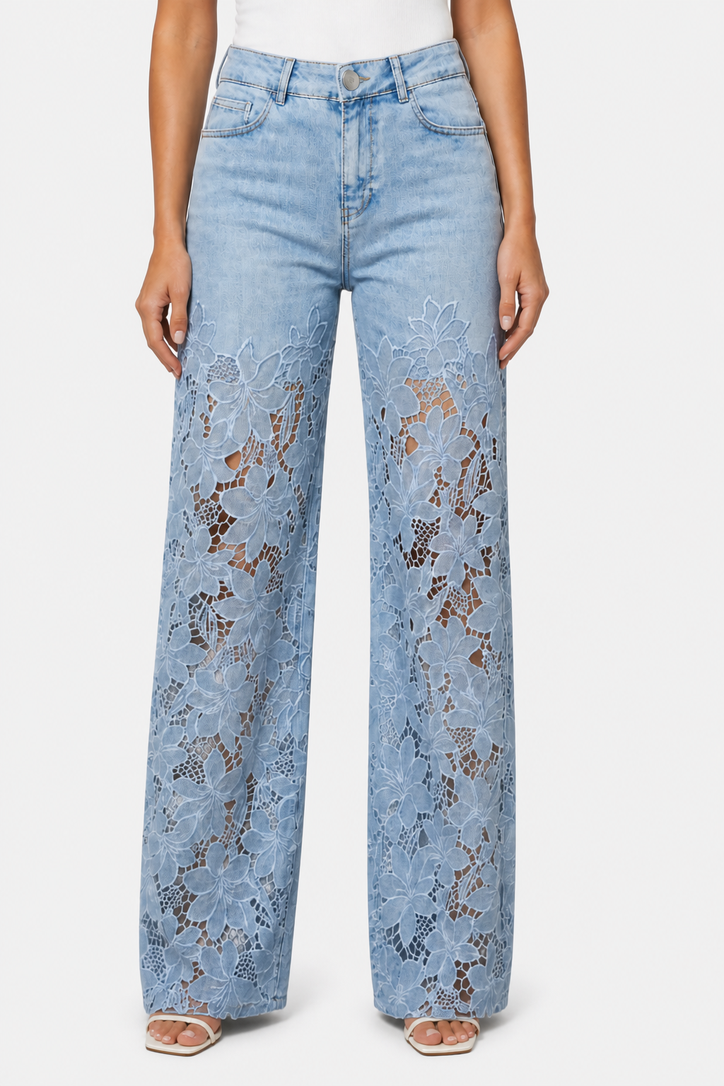Solérine – Floral lace overlay – Wide-leg denim jeans - Light blue - front