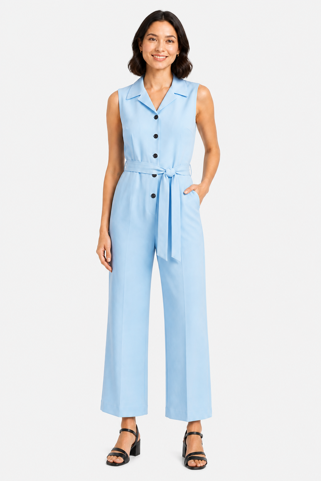 Orléane – Belted office elegance – Wide-leg jumpsuit - Light blue - front