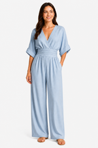 Women’s Relaxed Fit Wide-Leg Jumpsuit – Cinched Waist Style - Light Blue - front