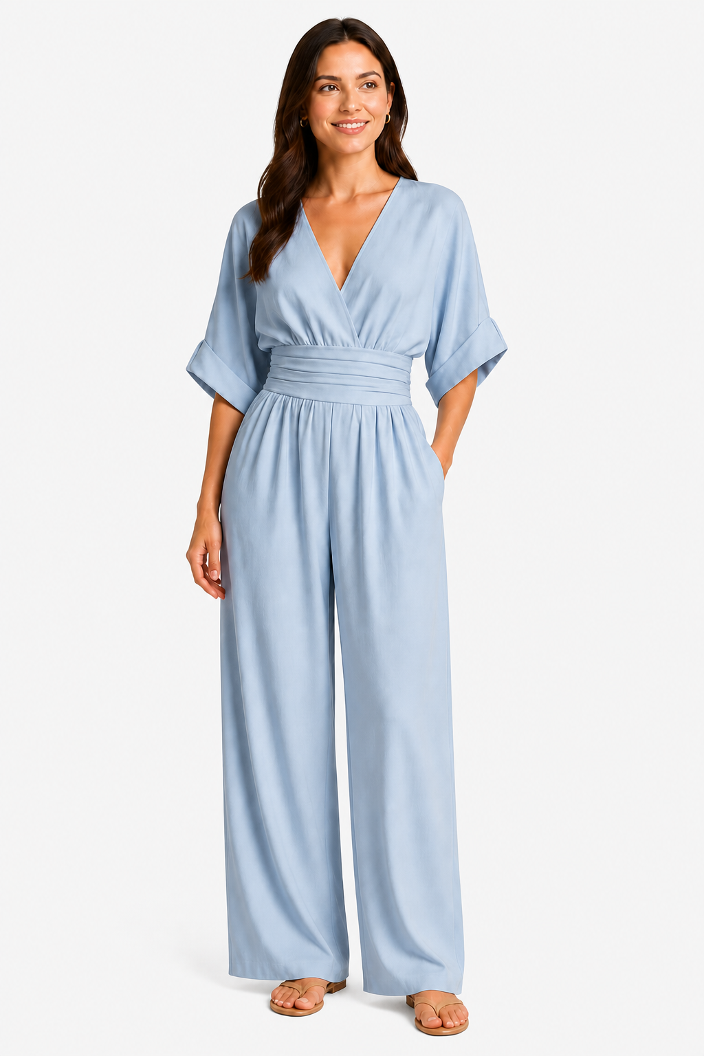 Women’s Relaxed Fit Wide-Leg Jumpsuit – Cinched Waist Style - Light Blue - front