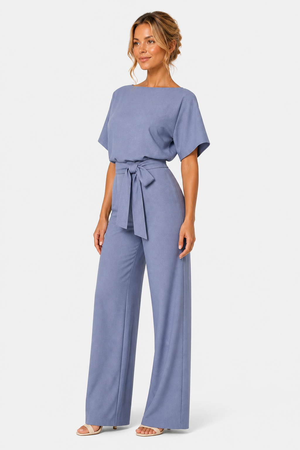 Wide Leg Jumpsuit With Waist Tie - Light Blue - side left
