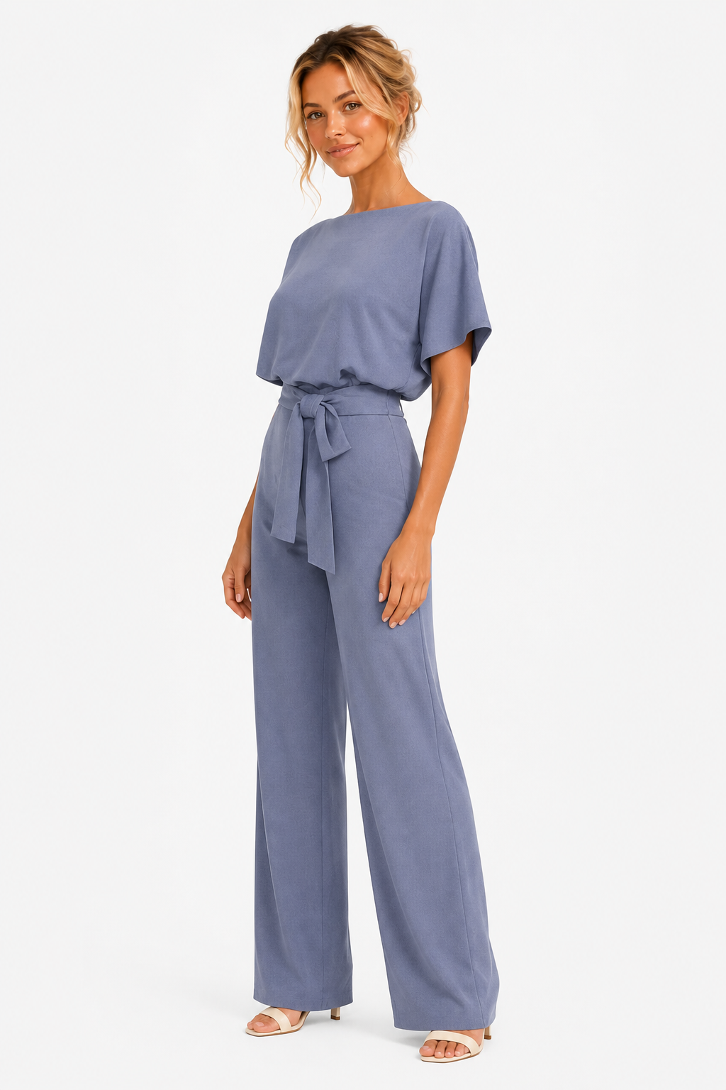 Wide Leg Jumpsuit With Waist Tie - Light Blue - side right