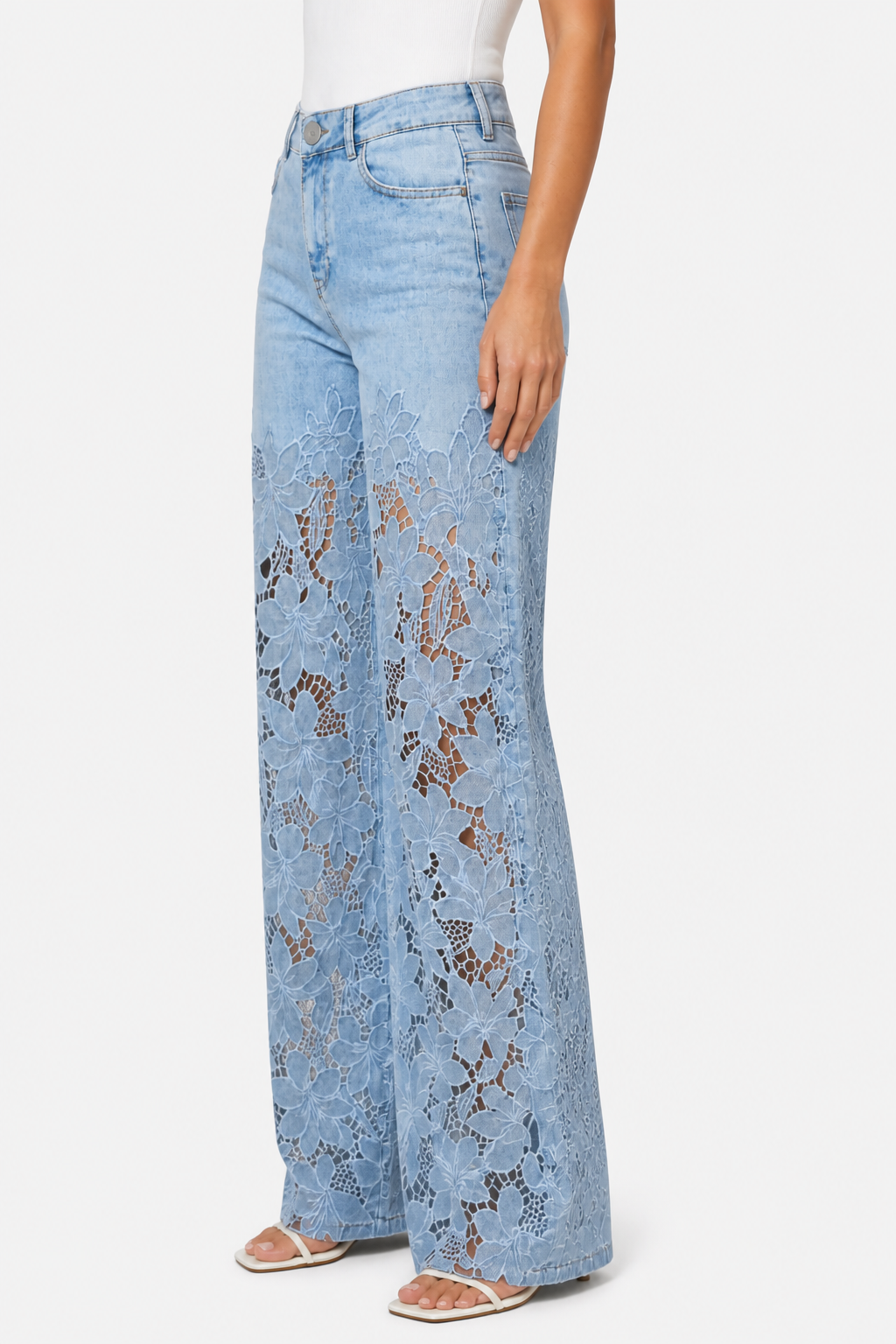 Solérine – Floral lace overlay – Wide-leg denim jeans - Light blue - side