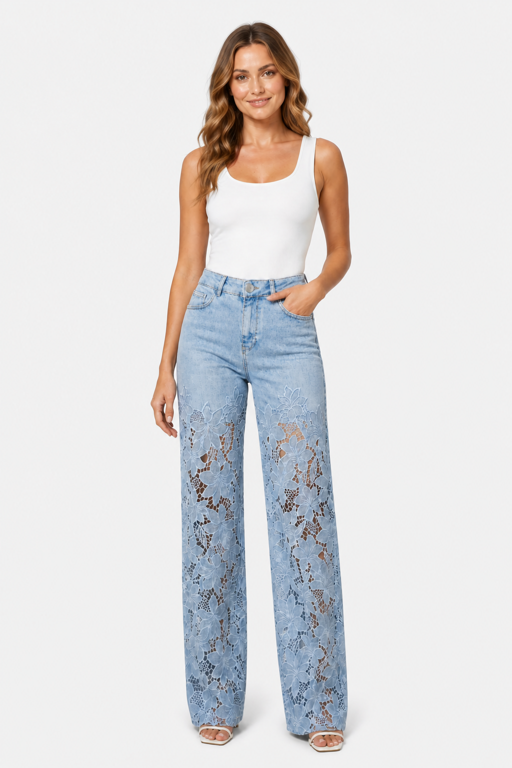 Solérine – Floral lace overlay – Wide-leg denim jeans - Light blue - whole body