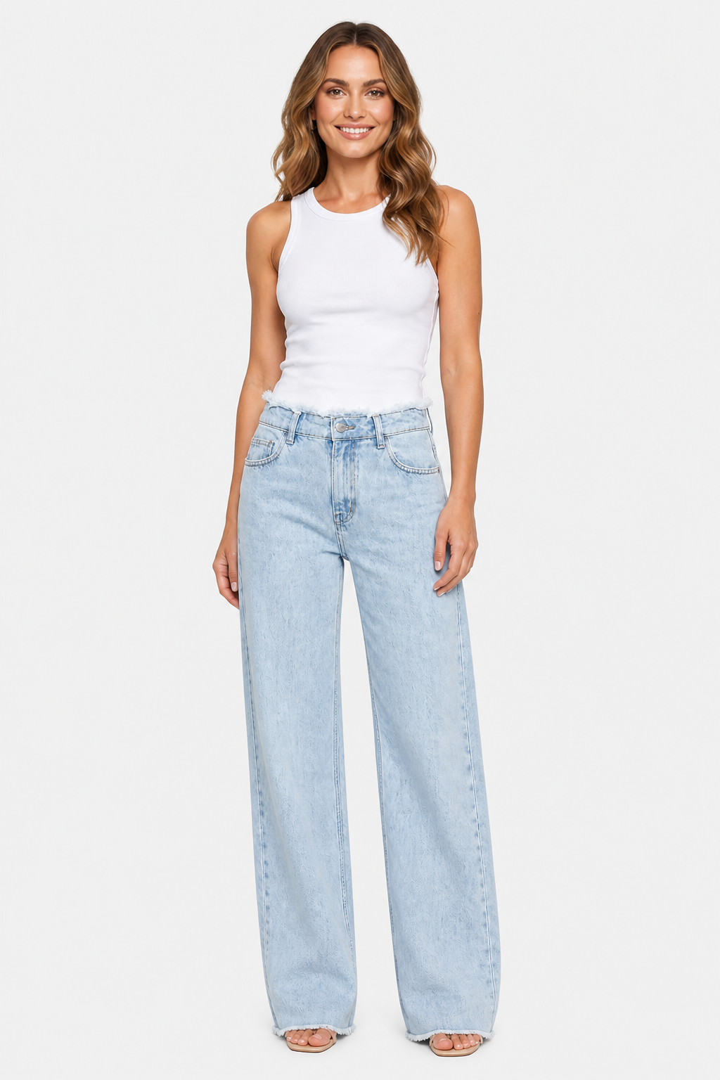 Rivazza – Raw hem detail – High-waist wide-leg jeans - Light blue - whole body