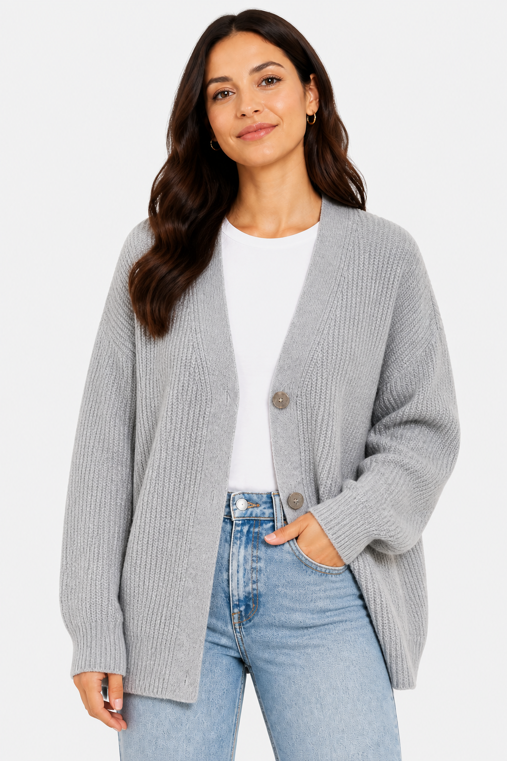 Oversized Ribbed Knit Cardigan for Women - Light Grey - front