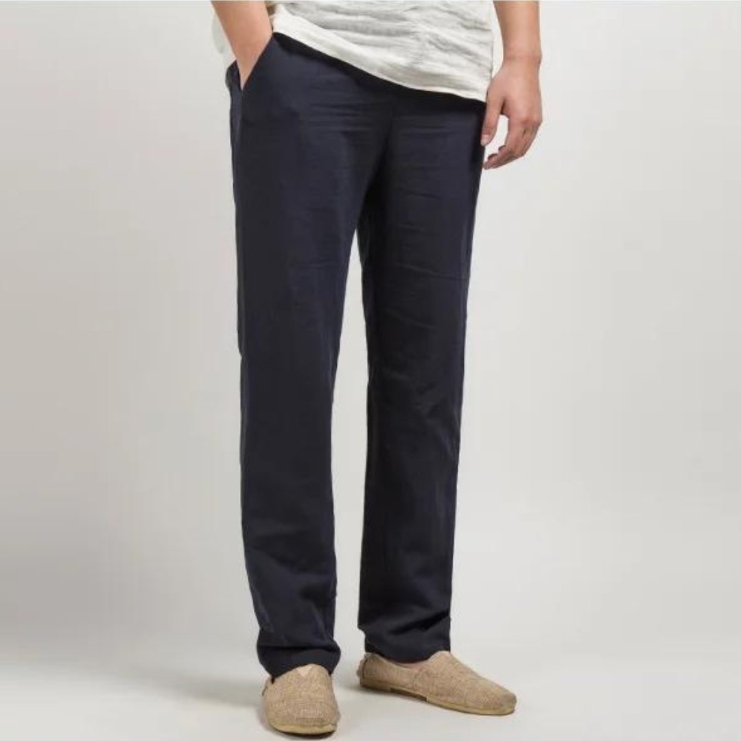 Linen Straight-Leg Trousers Elastic Waist - Relaxed Fit