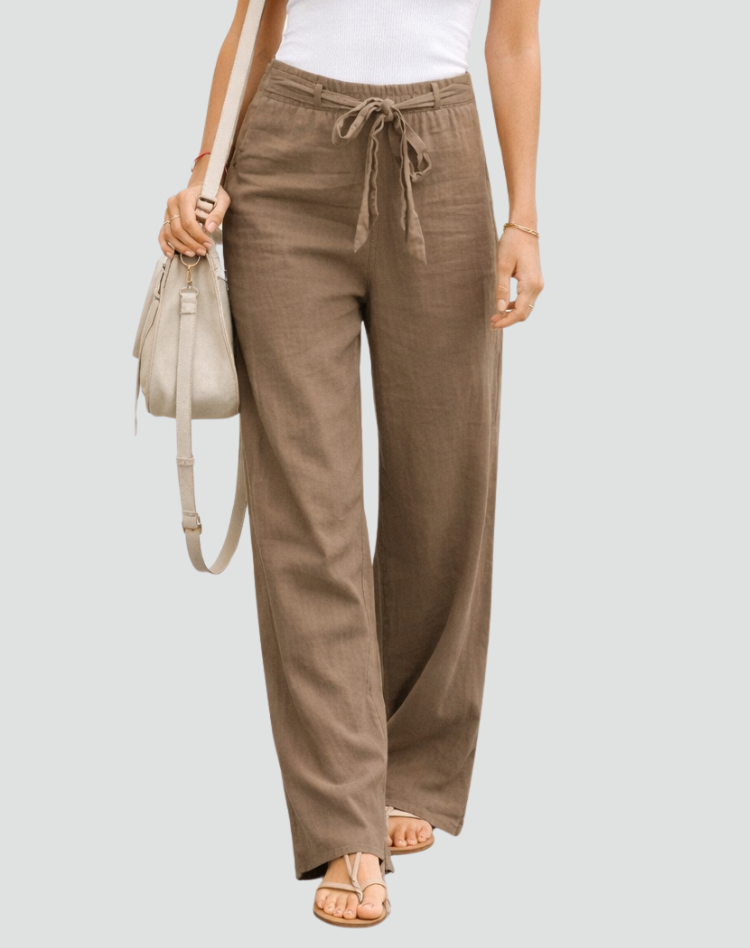 Linen Wide-Leg Trousers Drawstring Tie Waist - Relaxed Fit