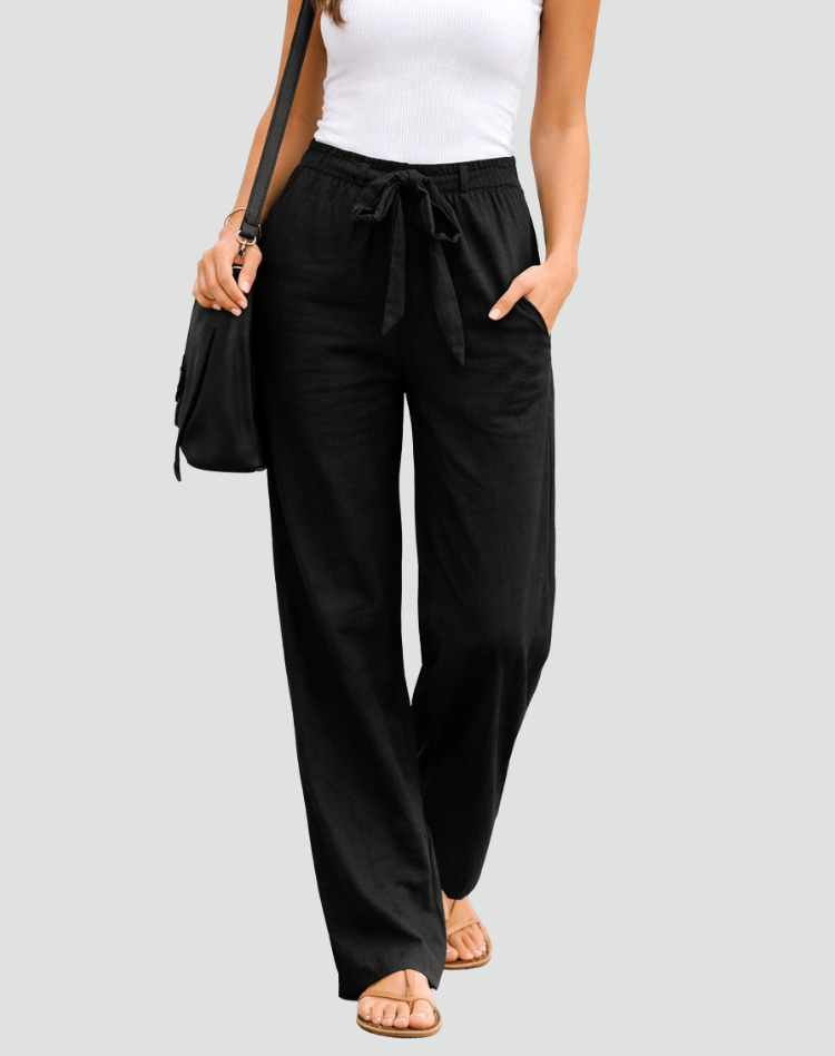 Linen Wide-Leg Trousers Drawstring Tie Waist - Relaxed Fit