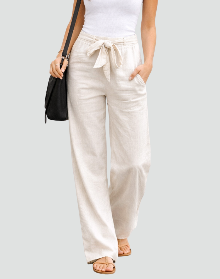 Linen Wide-Leg Trousers Drawstring Tie Waist - Relaxed Fit