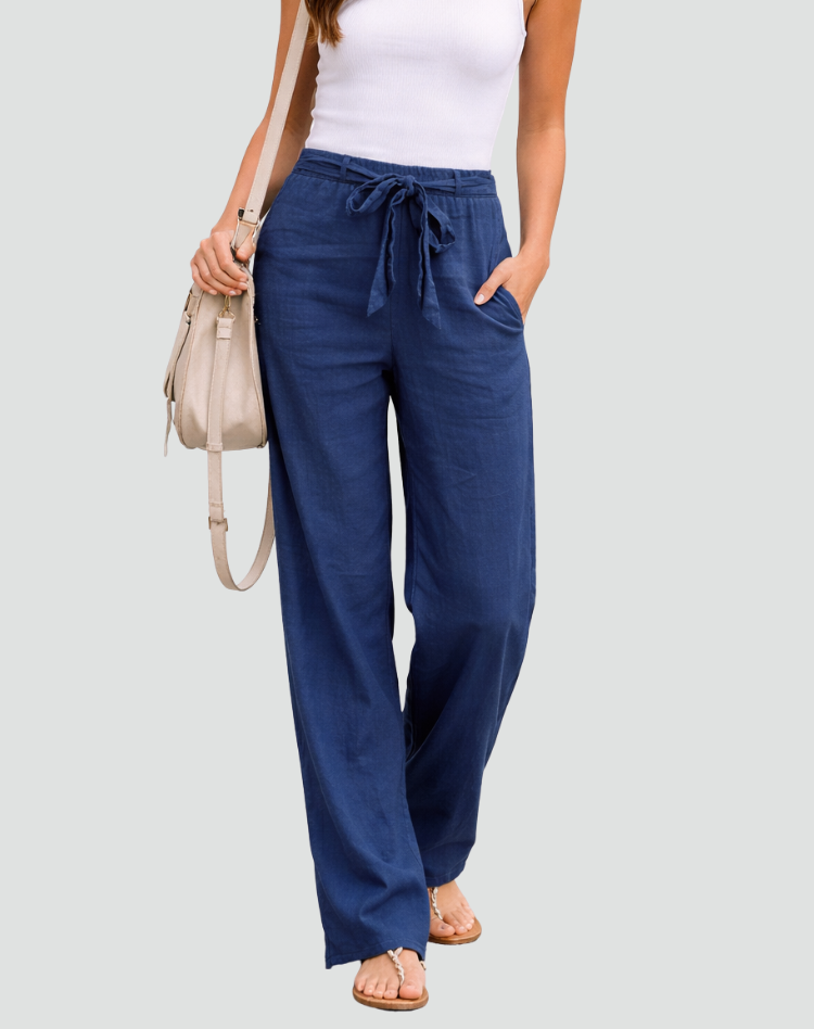 Linen Wide-Leg Trousers Drawstring Tie Waist - Relaxed Fit