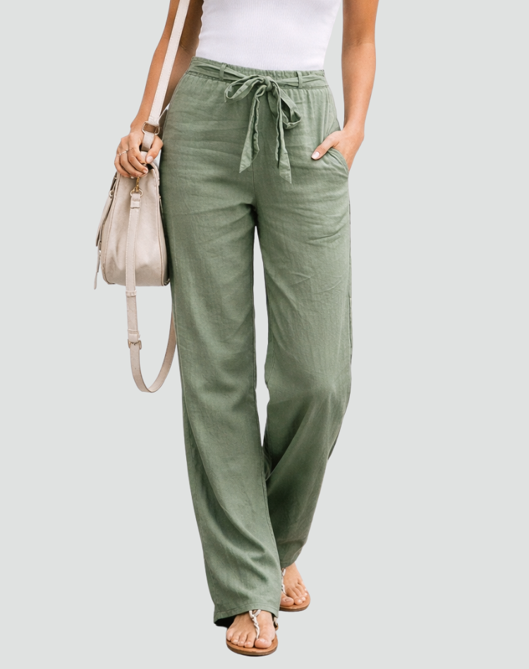 Linen Wide-Leg Trousers Drawstring Tie Waist - Relaxed Fit