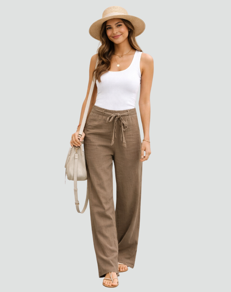 Linen Wide-Leg Trousers Drawstring Tie Waist - Relaxed Fit
