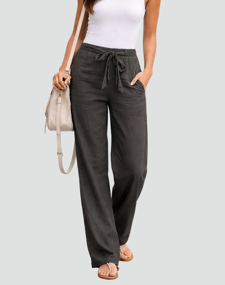 Linen Wide-Leg Trousers Drawstring Tie Waist - Relaxed Fit