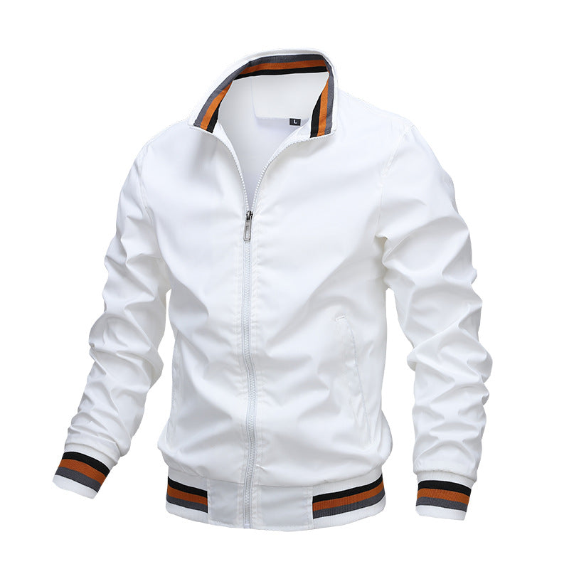 Men's Bomber Jacket with High Collar Striped Rib Trim, view 3 of 5