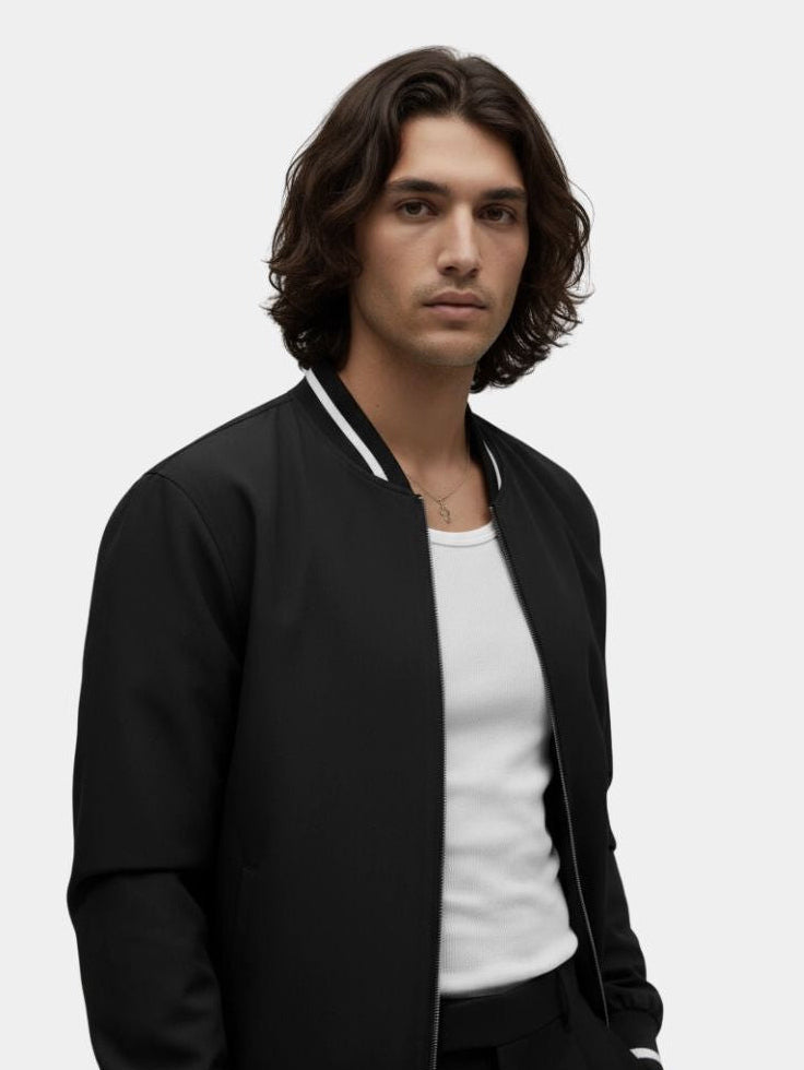 Men's Bomber Jacket with Striped Rib Trim Zip Front, view 2 of 10