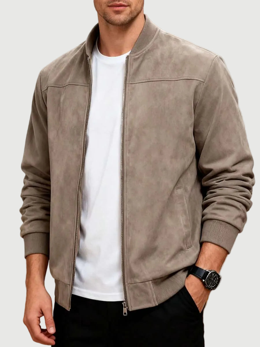 Men's Casual Suede Bomber Jacket with Ribbed Zip Front, view 1 of 6