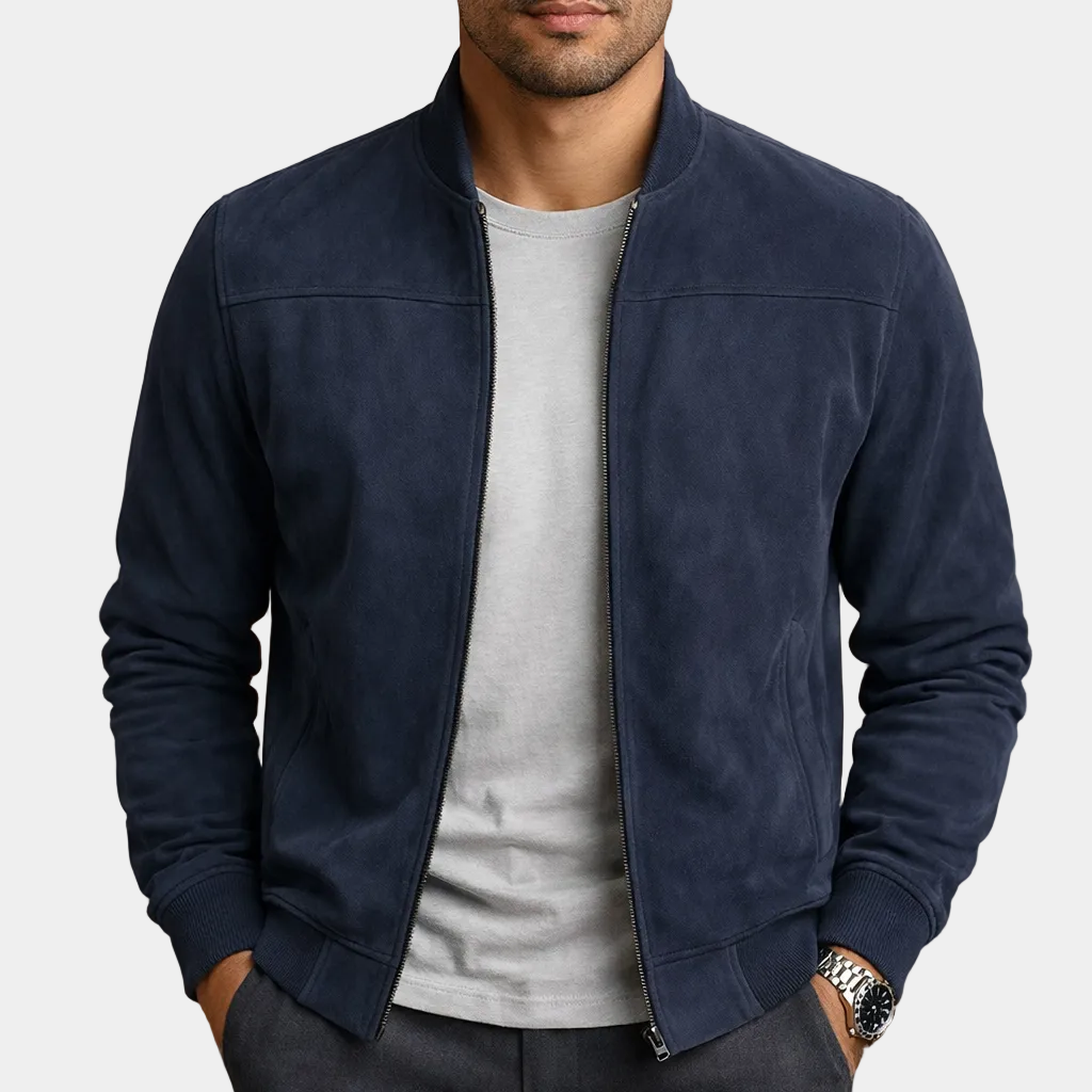 Men's Casual Suede Bomber Jacket with Ribbed Zip Front, view 5 of 6