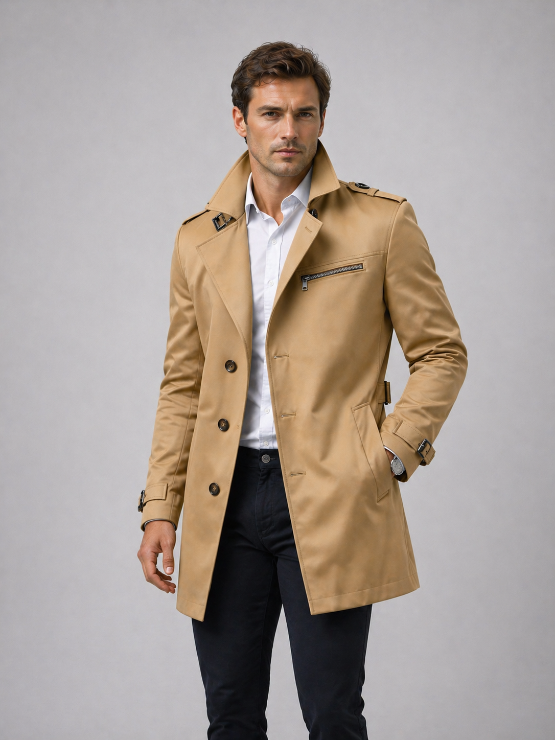 Men's Classic Belted Trench Coat with Tailored Fit, view 5 of 8