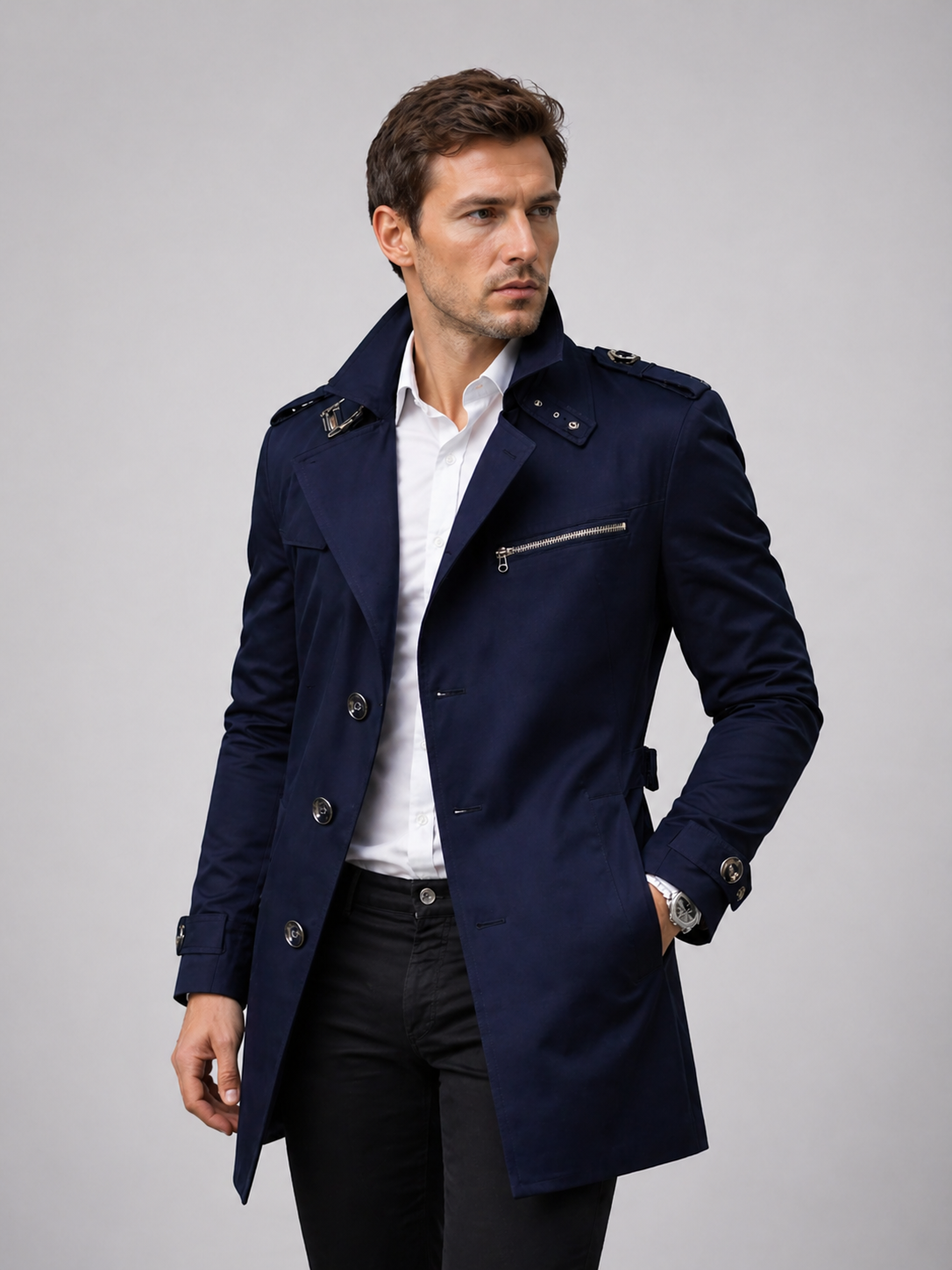 Men's Classic Belted Trench Coat with Tailored Fit, view 6 of 8