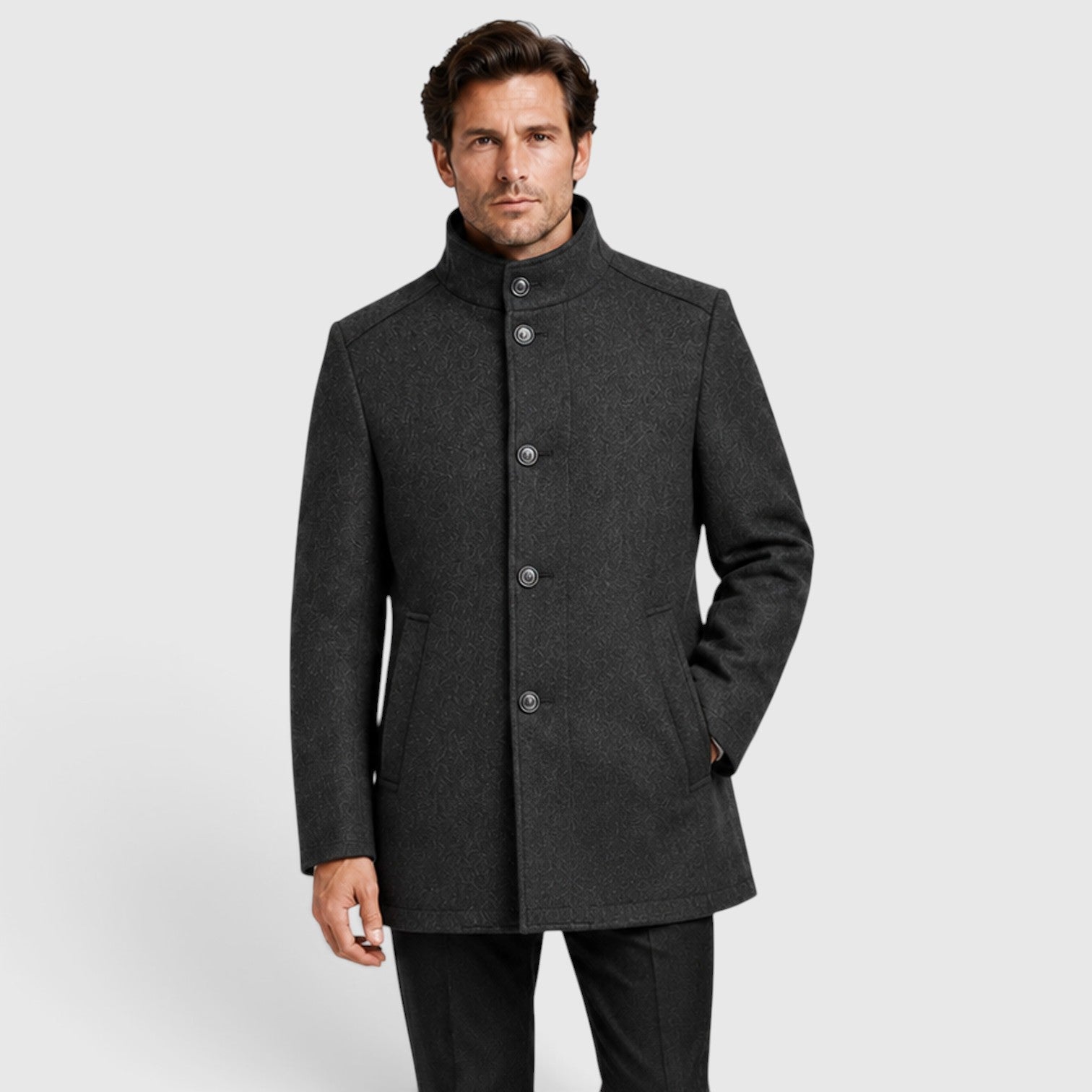 Men's Collar Wool Coat with stand collar padded design.