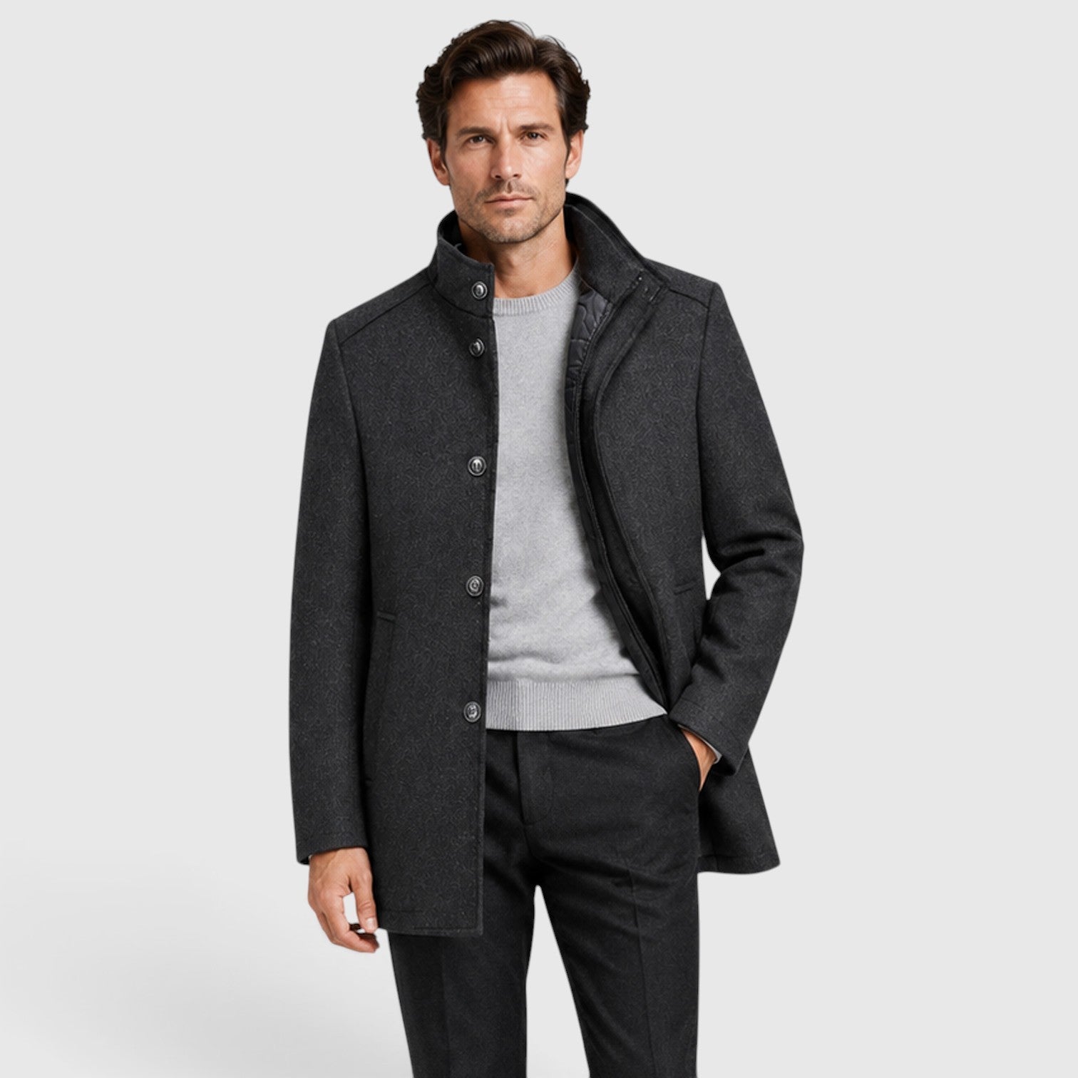 Alternate product view 2 of men's Collar Wool Coat with stand collar padded design.