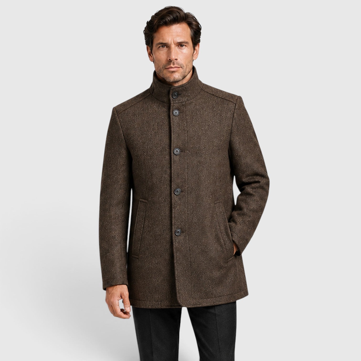 Alternate product view 5 of men's Collar Wool Coat with stand collar padded design.
