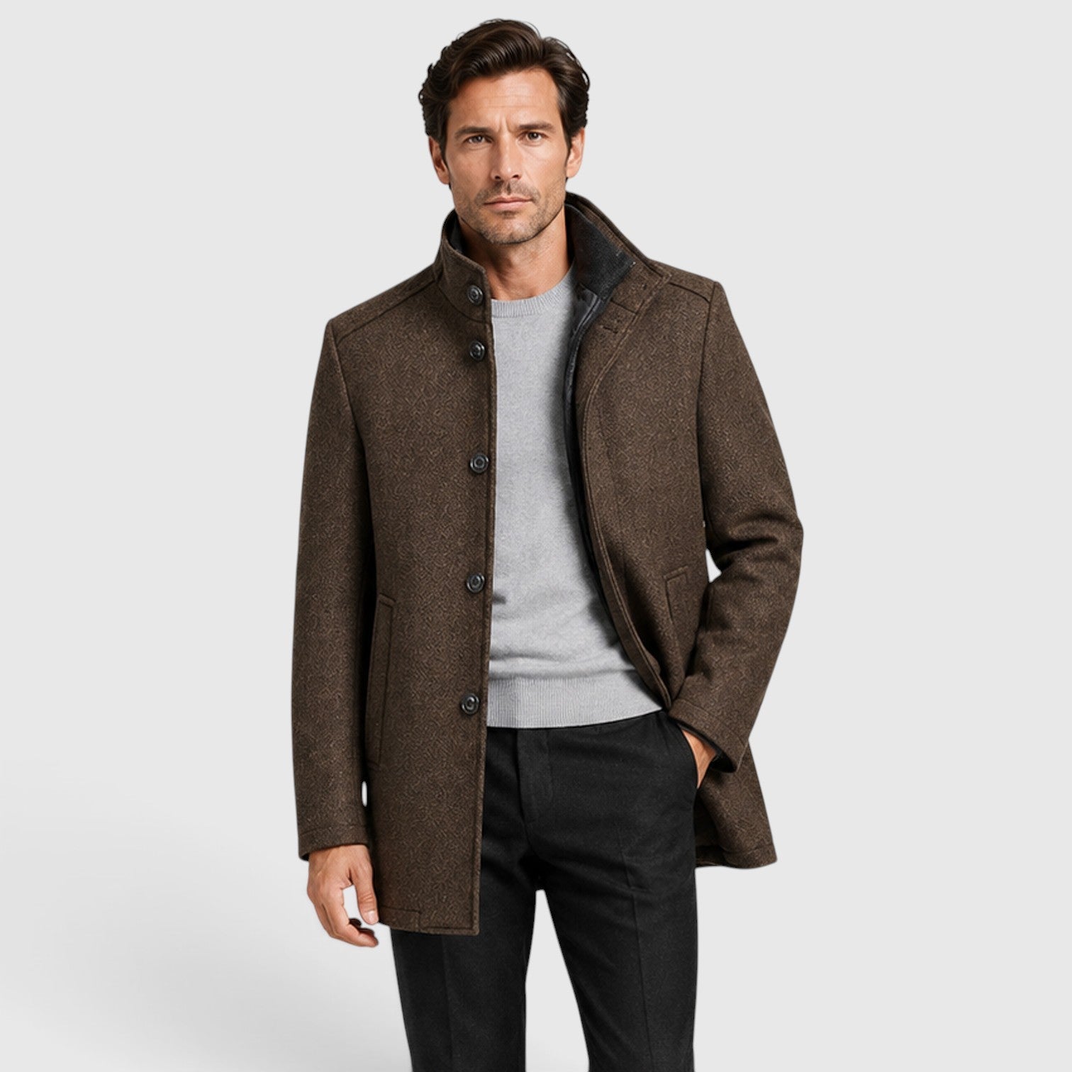 Alternate product view 7 of men's Collar Wool Coat with stand collar padded design.