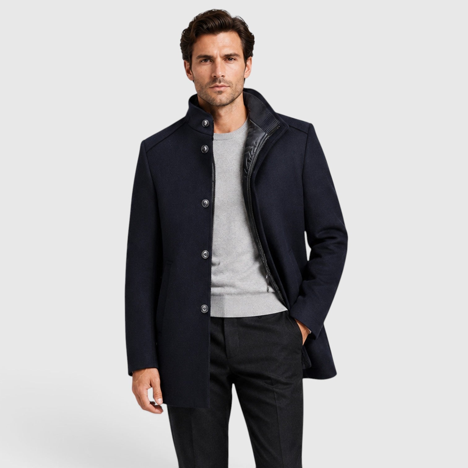 Alternate product view 9 of men's Collar Wool Coat with stand collar padded design.