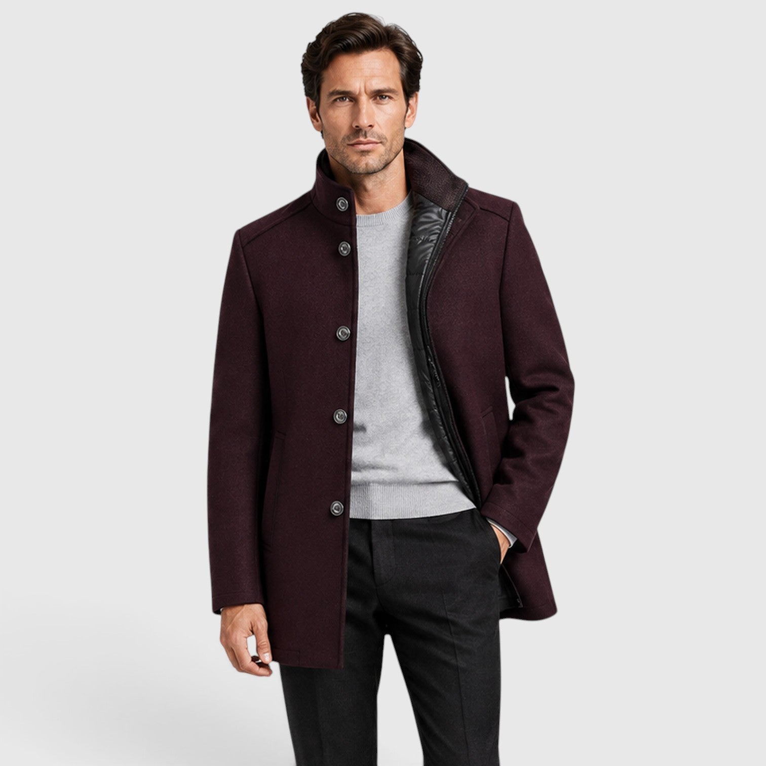 Alternate product view 12 of men's Collar Wool Coat with stand collar padded design.
