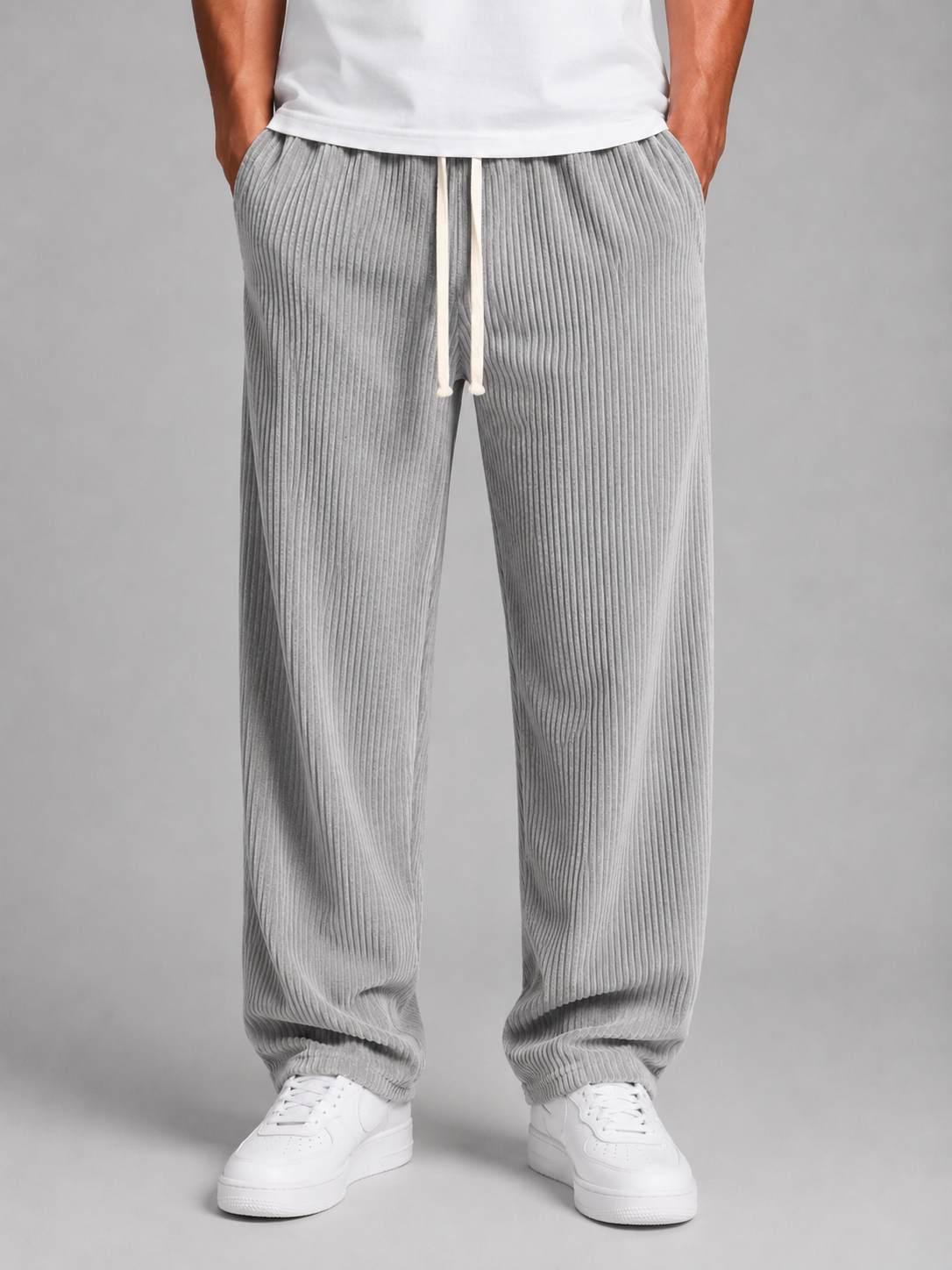 Men's Corduroy Trousers with drawstring wide-leg fit.