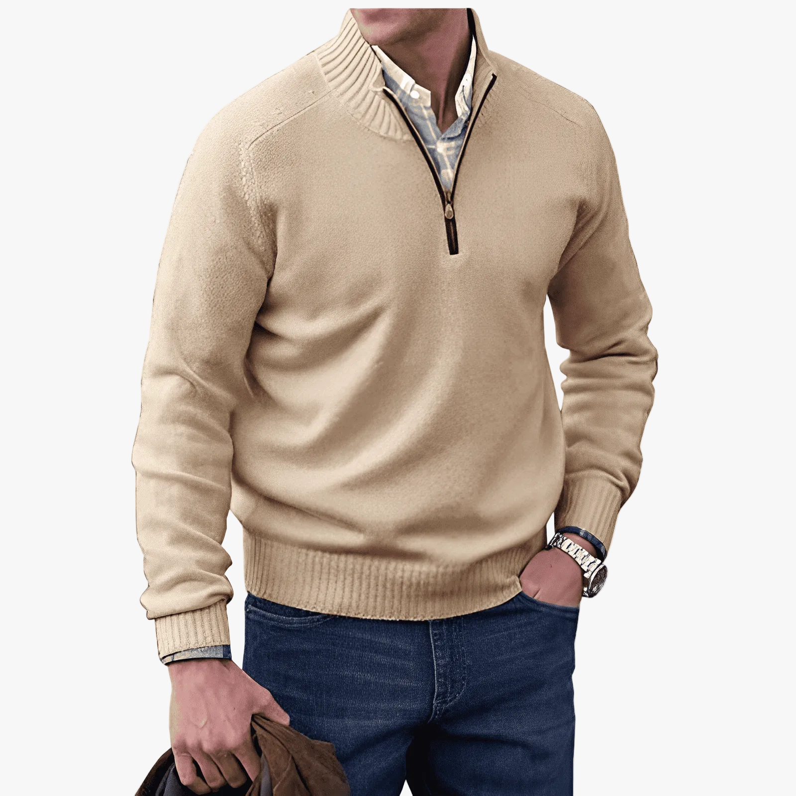 Men's Half-Zip Knit Jumper with Ribbed Collar, view 1 of 11