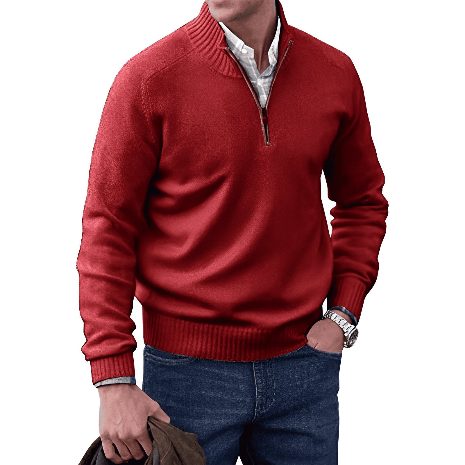 Men's Half-Zip Knit Jumper with Ribbed Collar, view 9 of 11