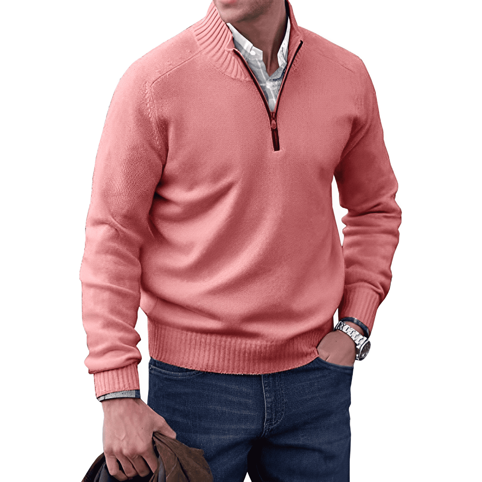 Men's Half-Zip Knit Jumper with Ribbed Collar, view 10 of 11