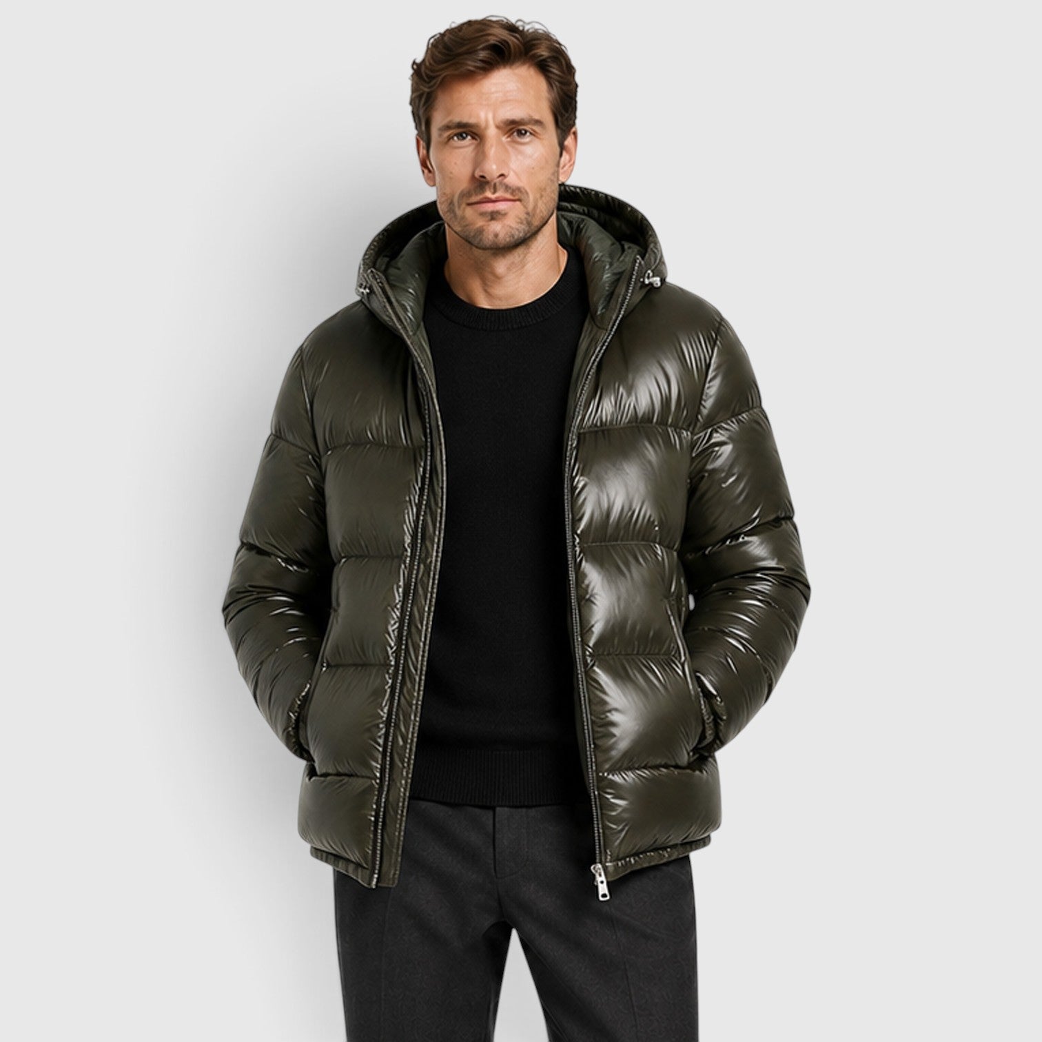 Men's Hooded Puffer Jacket with quilted winter outerwear.