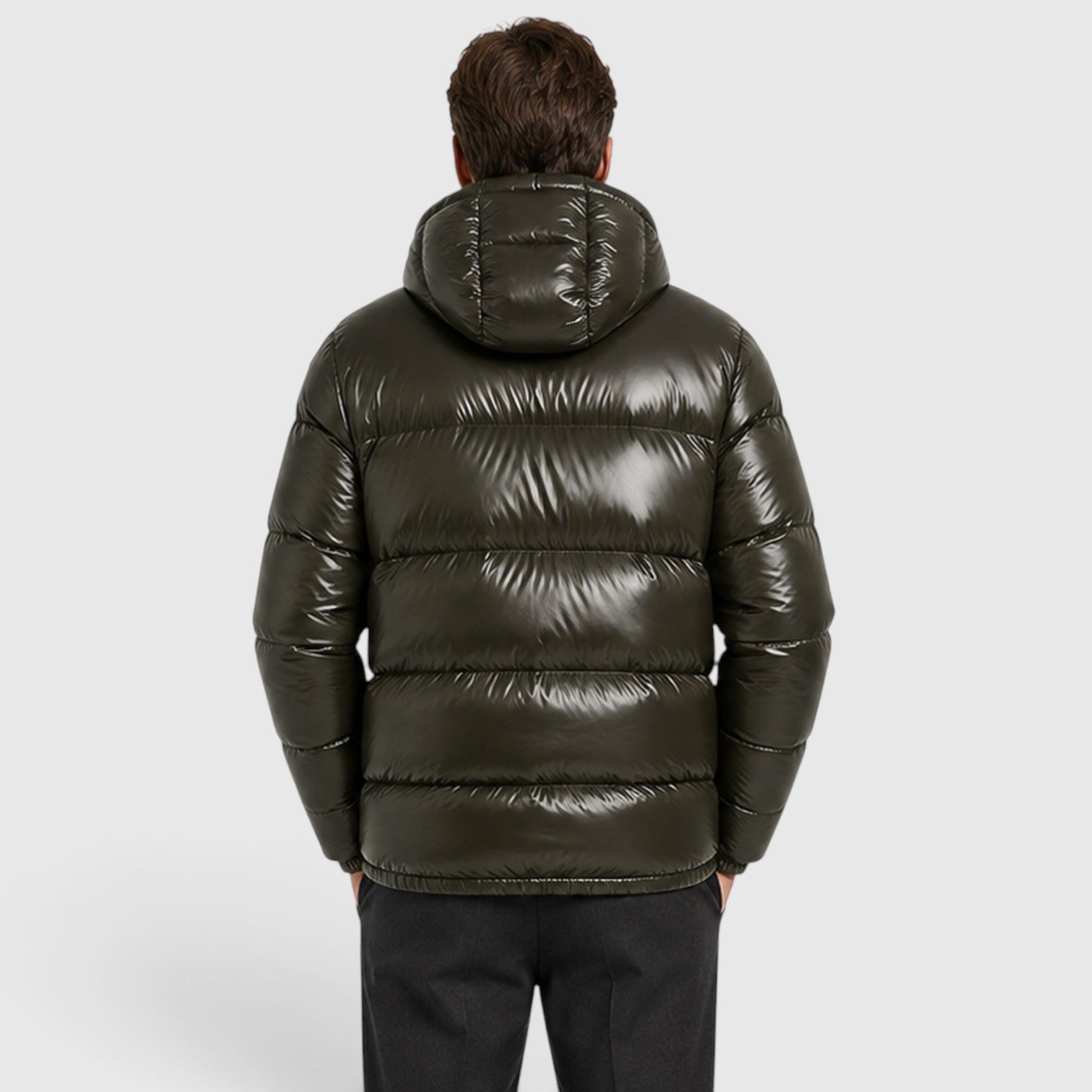 Alternate product view 2 of men's Hooded Puffer Jacket with quilted winter outerwear.