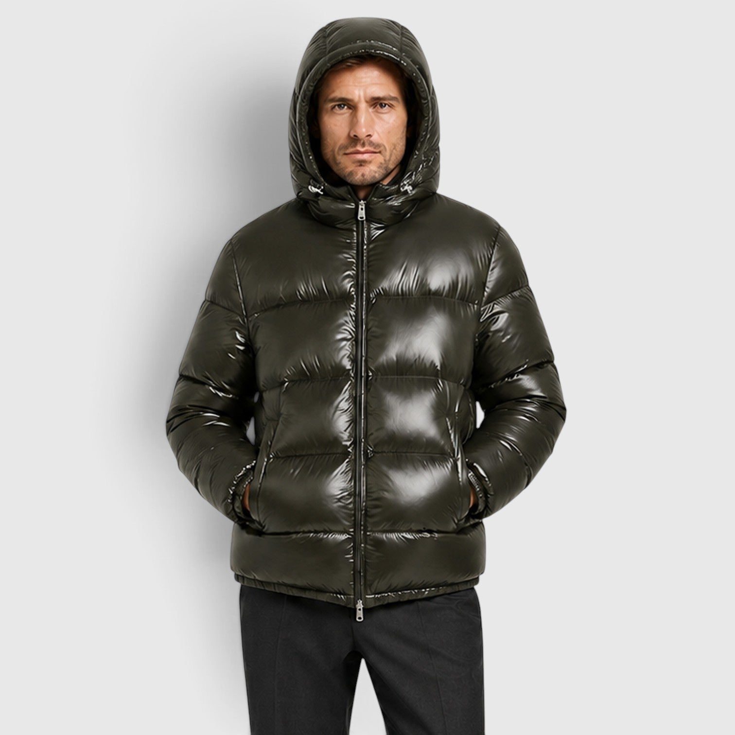 Alternate product view 4 of men's Hooded Puffer Jacket with quilted winter outerwear.