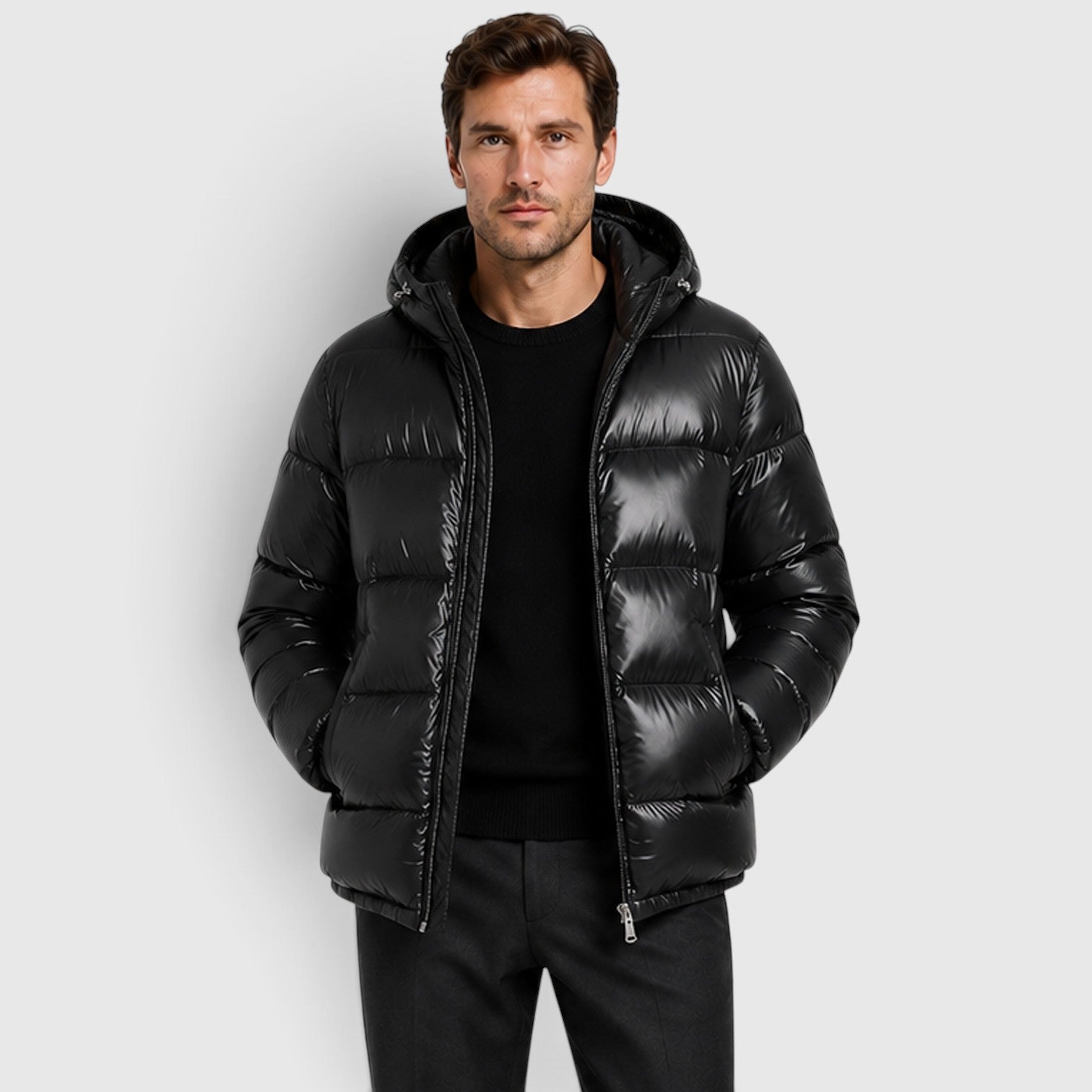 Alternate product view 5 of men's Hooded Puffer Jacket with quilted winter outerwear.