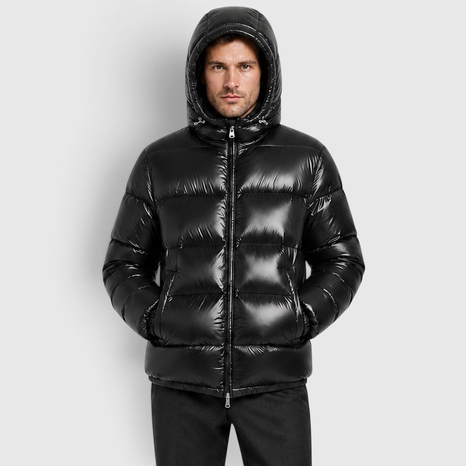 Alternate product view 7 of men's Hooded Puffer Jacket with quilted winter outerwear.
