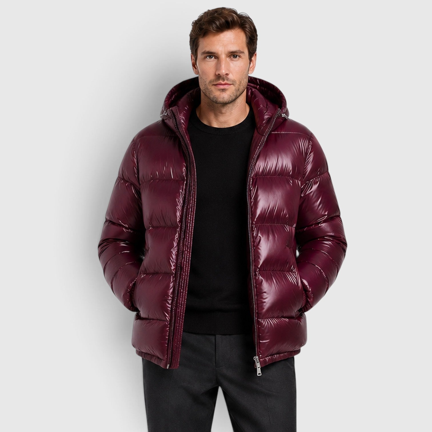 Alternate product view 8 of men's Hooded Puffer Jacket with quilted winter outerwear.